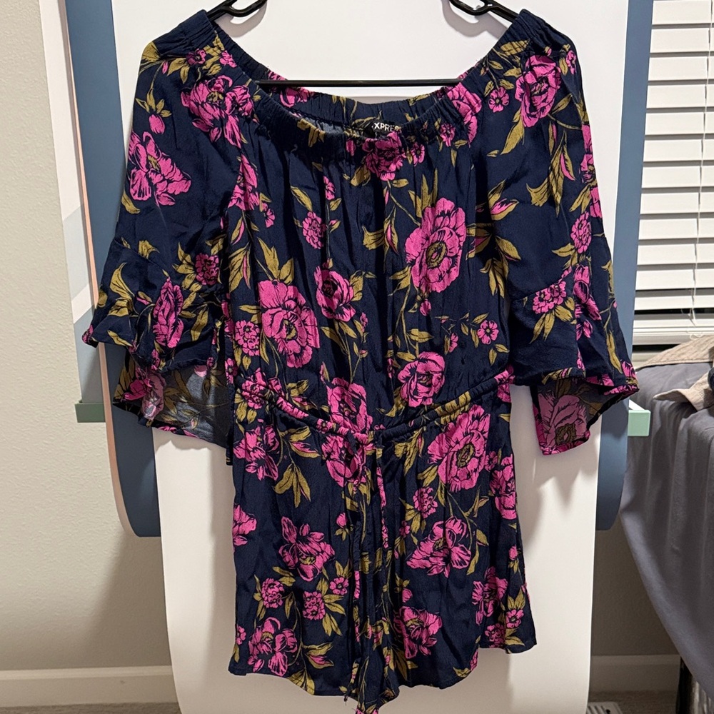 Express Floral Romper - Pink and Green on navy blue